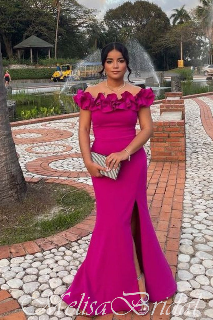 Hot Pink Mermaid Off Shoulder Evening Gown Maxi Long Evening Party Prom Dresses,MB633