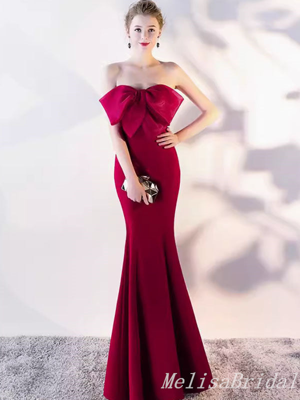 Elegant Red Bow Mermaid Long Party Dress Prom Dresses ,MB10948