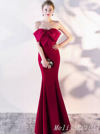 Elegant Red Bow Mermaid Long Party Dress Prom Dresses ,MB10948