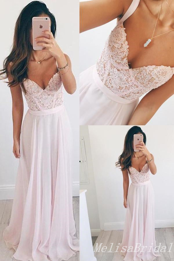 Stylish Light Pink Sweetheart Lace Appliques A-line Long Party Dress Prom Dresses,MB10952