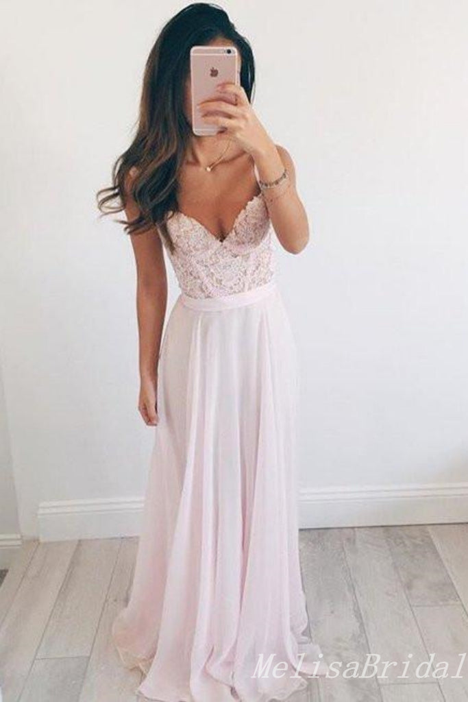 Stylish Light Pink Sweetheart Lace Appliques A-line Long Party Dress Prom Dresses,MB10952