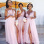 Elegant Pink Lace Appliques Chiffon Side Slit Simple Cheap A-Line Long Bridesmaid Dresses ,BD142