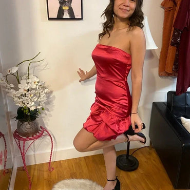 Elegant Red Strapless Ruffles Soft satin Simple Cheap Sheath Short Homecoming Dresses, HD196