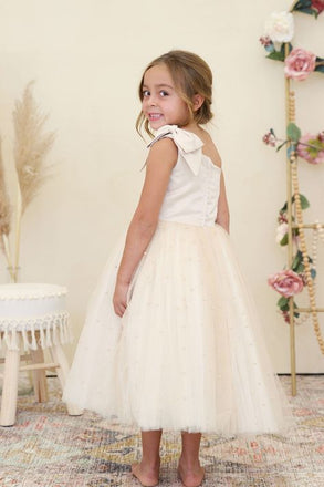 White Tulle One Shoulder A- Line Cheap Simple Long Flower Girl Dresses ,FG39