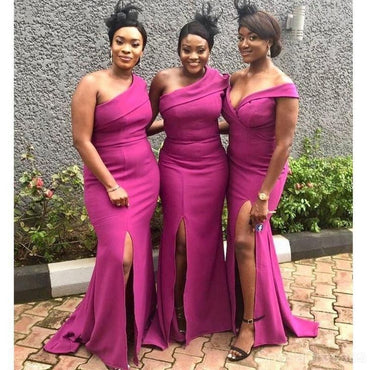 Mismached Pink One Shoulder Mermaid Side Slit Long Cheap Bridesmaid Dresses ,BD72