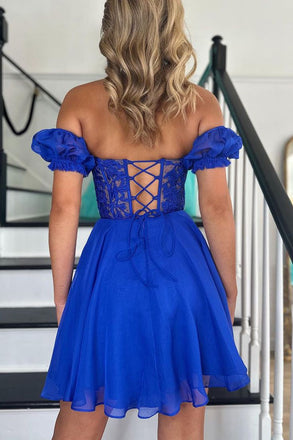Elegant Royal Blue Lace Appliques Illusion Off Shoulder A-Line Cheap Simple Short Homecoming Dresses, HD77