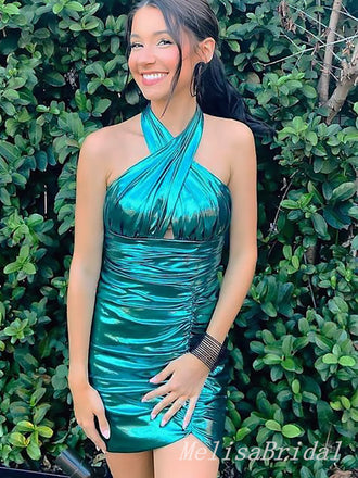 Sexy Green Halter Pleats Sheath Simple Cheap Short Homecoming Dresses, HD136