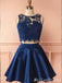 Two Pieces O-Neck A-Line Navy Blue Lace Appliques Graduation Party Short Homecoming Dresses, HD407