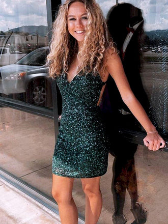 Sexy Green Spaghetti Straps Sequin V Neck Simple Cheap Short Homecoming Dresses, HD42