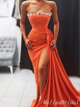 Gorgeous Sexy Strapless Sheath High Slit Appliques Evening Gown Long Prom Dresses with Pleats,MB315