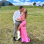 Elegant pink Side Slit Criss-Cross back Spaghetti Strap Ruffle Mermaid Long Prom Dresses,MB14