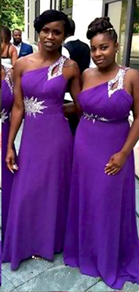 Elegant Purple Chiffon One Shoulder Beading Mermaid Simple Long Cheap Bridesmaid Dresses ,BD92