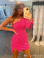 Mermaid One Shoulder Single Long Sleeve Sparkle Pink Tight Graduation Party Short Homecoming Dresses, HD392