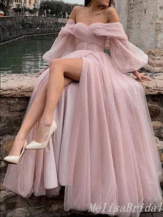 Sexy Sparkly Off-the-shoulder Long Sleeves Sweetheart Tulle A-line Evening Gown Long Formal Dresses Prom Dresses with Side Slit,MB377