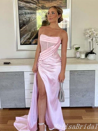 Elegant Light Pink Sexy Strapless Sheath Evening Gown Maxi Long Formal Dresses Prom Dresses With High Slit,MB411