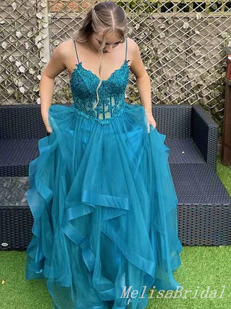 Sexy A-line Spaghetti Straps V-neck Lace Appliques Tulle Evening Gown Long Formal Dresses Prom Dresses,MB355