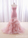 Elegant Light Pink Strapless Lace Appliques Ruffles Mermaid Party Dress Long Prom Dresses to Impress,MB947