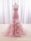 Elegant Light Pink Strapless Lace Appliques Ruffles Mermaid Party Dress Long Prom Dresses to Impress,MB947