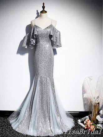 Silver Lace Up Back Spaghetti Straps V-Neck Mermaid Evening Gown Maxi Long Evening Party Prom Dresses  ,MB612