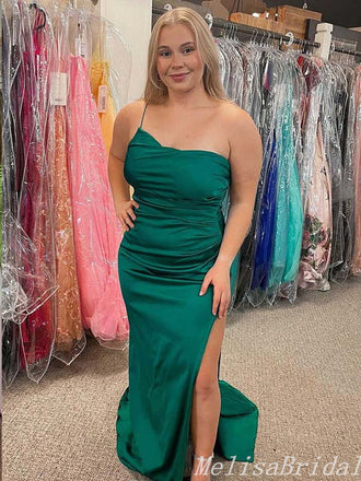 Sexy Green Single Spaghetti Straps Evening Gown Maxi Long Formal Dresses Prom Dresses With High Slit,MB462