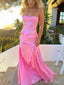 Elegant pink Side Slit Criss-Cross back Spaghetti Strap Ruffle Mermaid Long Prom Dresses,MB14