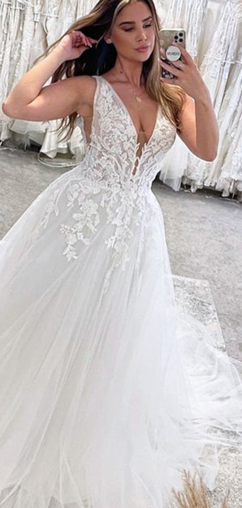 Elegant White Spaghetti Straps V Neck Tulle A-Line Long Wedding Dresses,WD51