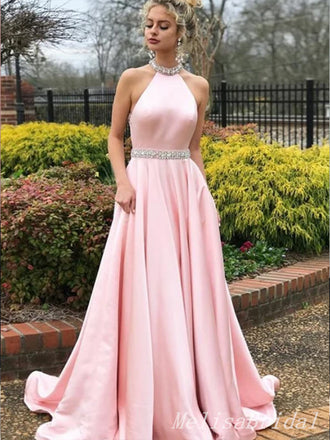 Sexy Elegant Beading Halter Sleeveless Open Back Evening Gown Long Prom Dresses with Pleats,MB268