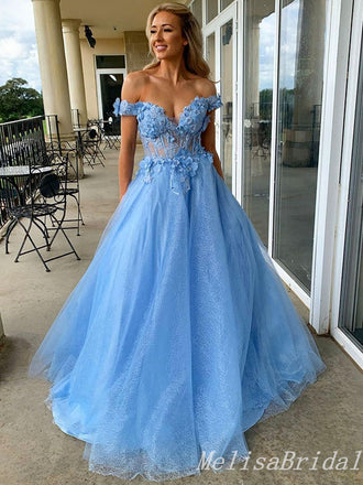 Sexy Off-the-Shoulder Sweetheart Floral Appliques Tulle A-line Evening Gown Long Prom Dresses ,MB283