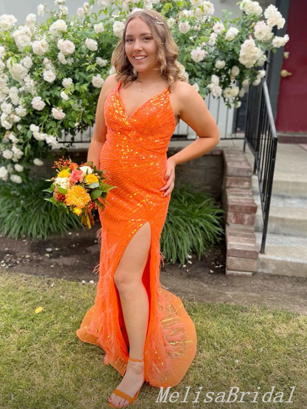 Shiny Orange V Neck Mermaid Side Slit Mermaid Party Dress Long Prom Dresses to Impress ,MB991