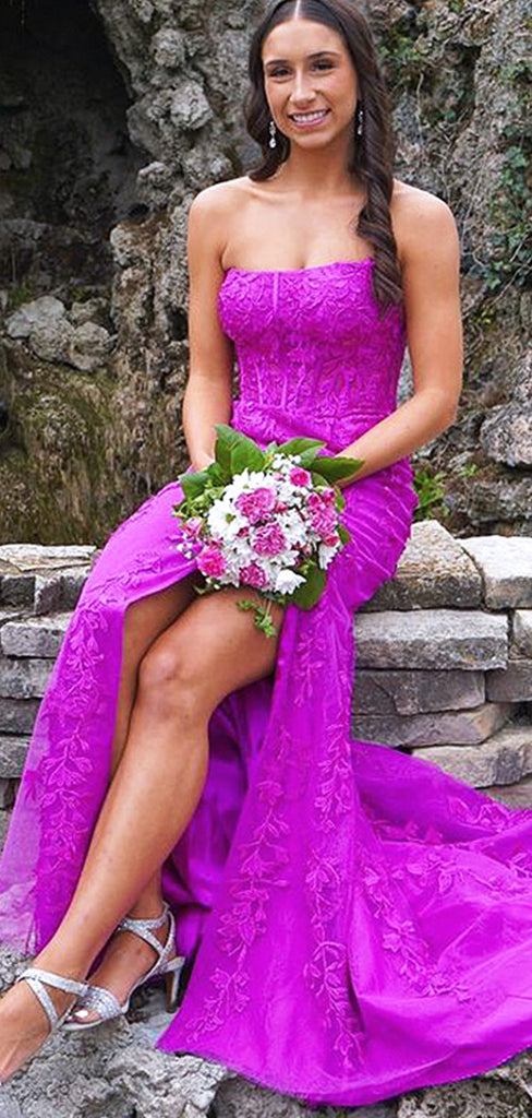 Sexy Purple Lace Appliques Tulle Strapless  Side Slit Mermaid Long Evening Prom Dresses,MB99