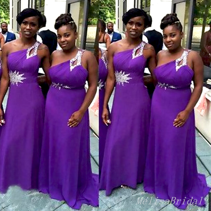 Elegant Purple Chiffon One Shoulder Beading Mermaid Simple Long Cheap Bridesmaid Dresses ,BD92