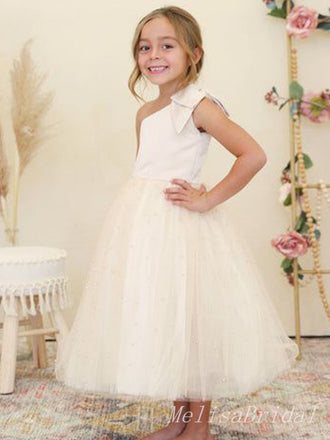 White Tulle One Shoulder A- Line Cheap Simple Long Flower Girl Dresses ,FG39