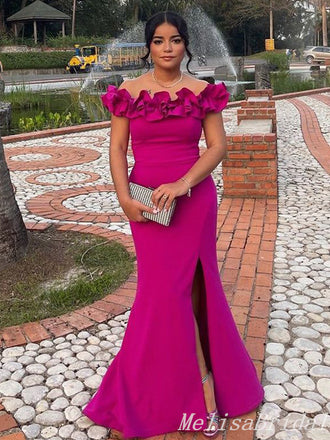 Hot Pink Mermaid Off Shoulder Evening Gown Maxi Long Evening Party Prom Dresses,MB633