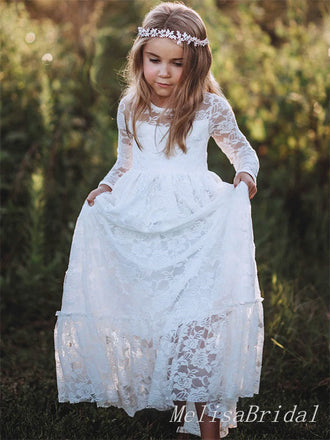 Cute White Tulle Lace  A- Line Long Sleeve Appliques Cheap Flower Girl Dresses ,FG17
