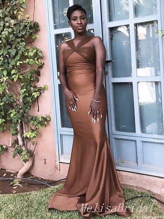 Elegant Brown Halter Sleeveless Mermaid Long Evening Prom Dresses,MB118