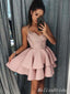 Sexy Spaghetti Straps Pink Lace Appliques A-line Short Homecoming Dresses with Ruffles, HD272