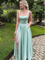 Elegant Mint Green Square Neck Floor Length A-line Evening Gown Prom Dresses with Side Slit,MB211