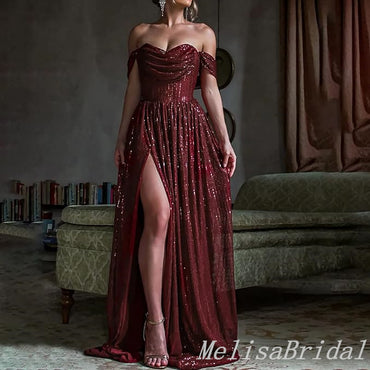 Sparkle Burgundy Off-the-shoulder A-line Evening Gown Long Evening Party Prom Dresses,MB819