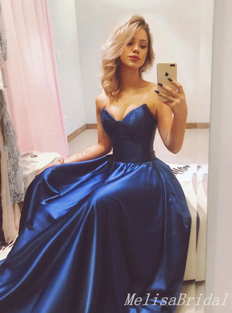 Sexy Blue A-line Sweetheart Strapless Evening Gown Long Prom Dresses with Pleats,MB296