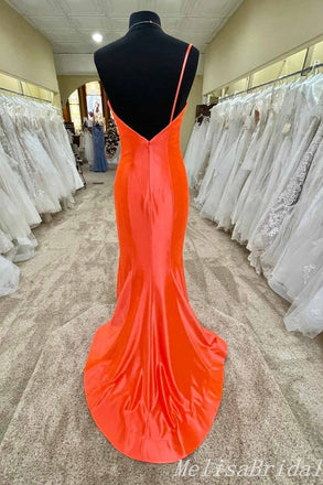 Sexy Orange Single Spaghetti Straps Evening Gown Maxi Long Formal Dresses Prom Dresses With High Slit,MB463