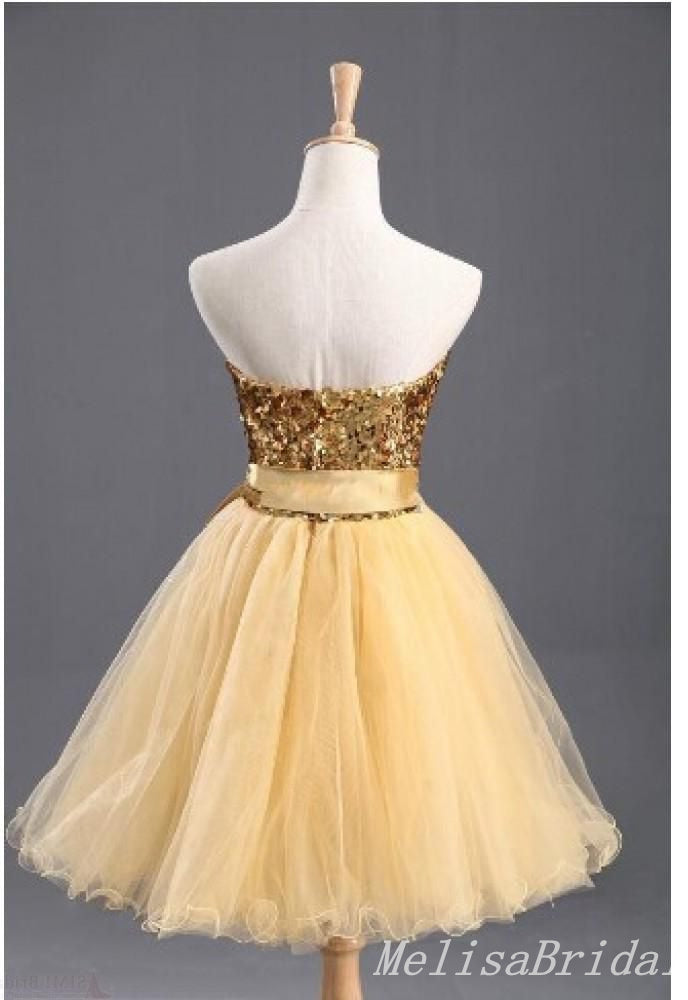 Gold Strapless Sparkle A-Line Graduation Party Short Homecoming Dresses With Bow Belt, HD408