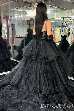 Black Lace Appliques Sheer Corset Strapless Layer A-Line Evening Gown Maxi Long Evening Party Prom Dresses With Trailing  ,MB613