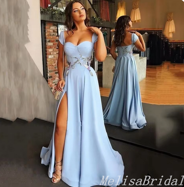 Sexy Gorgeous Blue Sweetheart A-line Appliques Evening Gown Long Formal Dresses Prom Dresses with Side Slit ,MB378