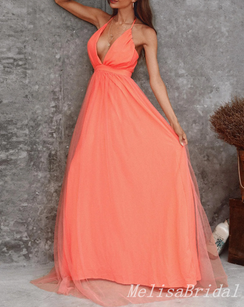 Sexy Elegant A-line Spaghetti Straps Plunging Deep V-neck Tulle Evening Gown Long Formal Dresses Prom Dresses ,MB356