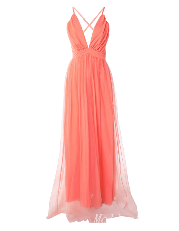 Sexy Elegant A-line Spaghetti Straps Plunging Deep V-neck Tulle Evening Gown Long Formal Dresses Prom Dresses ,MB356