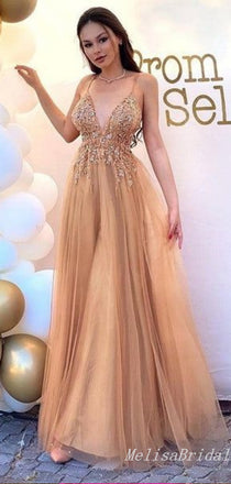 Sexy Spaghetti Straps Sparkly Plunging Appliques Tulle A-line Evening Gown Long Prom Dresses ,MB284