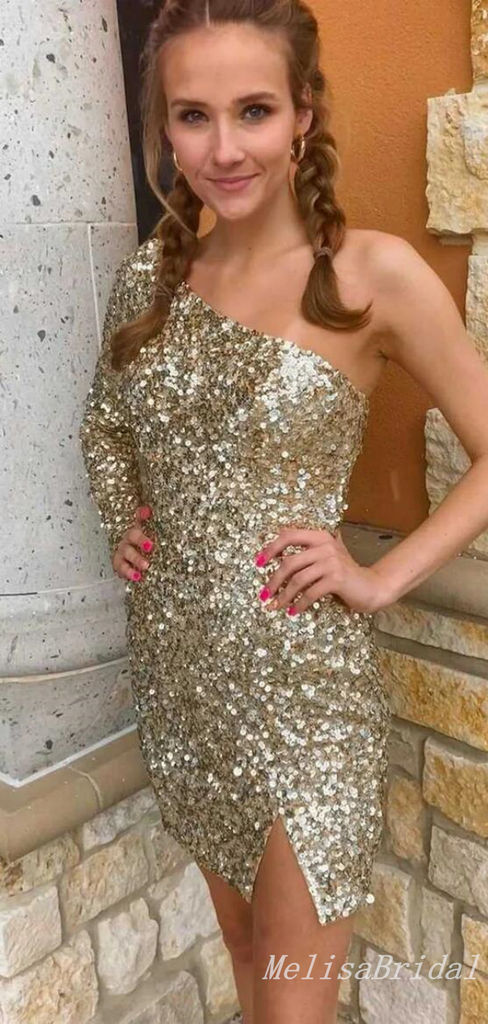 Mermaid One Shoulder Single Long Sleeve Sparkle Tight Graduation Party Short Homecoming Dresses, HD393