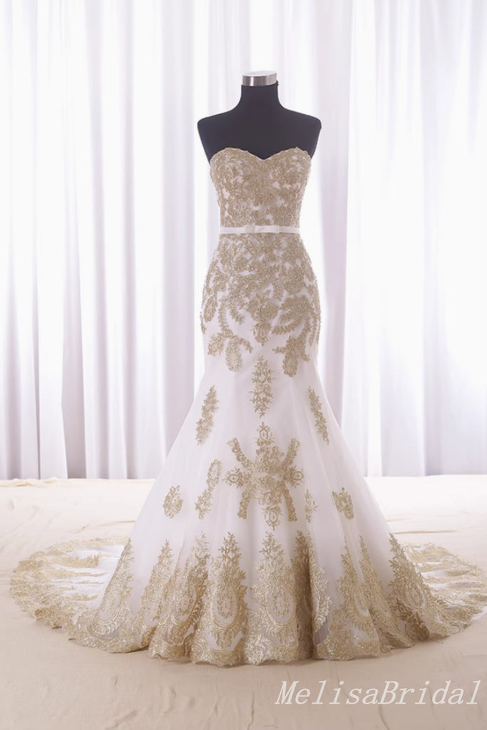 Elegant Gold Strapless Lace Appliques Mermaid Party Dress Long Prom Dresses to Impress,MB948