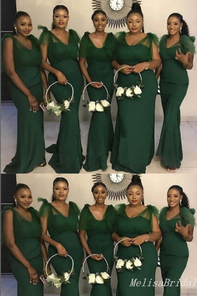 Tulle Illusion Green Mermaid Long Bridesmaid Dresses ,BD211