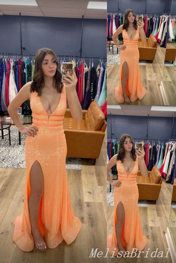 Shiny Orange Plunging Mermaid Side Slit Mermaid Party Dress Long Prom Dresses to Impress ,MB992